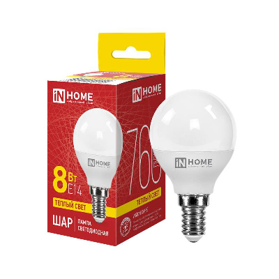 Лампа светодиодная LED-ШАР-VC 8Вт 230В E14 3000К 600Лм IN HOME 4690612020549