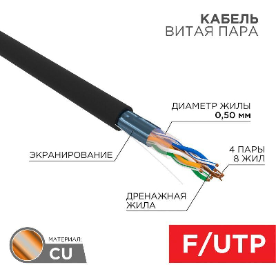 Кабель FTP 4х2х24AWG кат.5е медь наруж. прокл. бухта (м) Rexant 01-0146