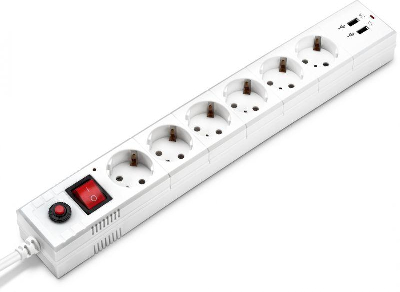 Удлинитель с сетевым фильтром 6х1.8м с заземл. 10А IP20 BU-SP1.8_USB_2A-W CCA 3х0.75 бел. BURO 992309