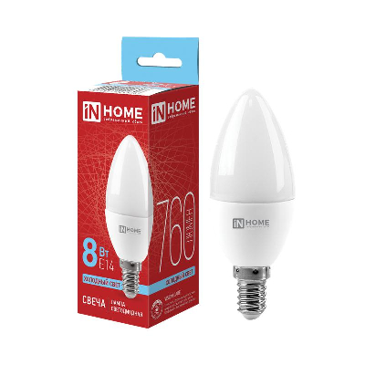 Лампа светодиодная LED-СВЕЧА-VC 8Вт 230В E14 6500К 600лм IN HOME 4690612024806